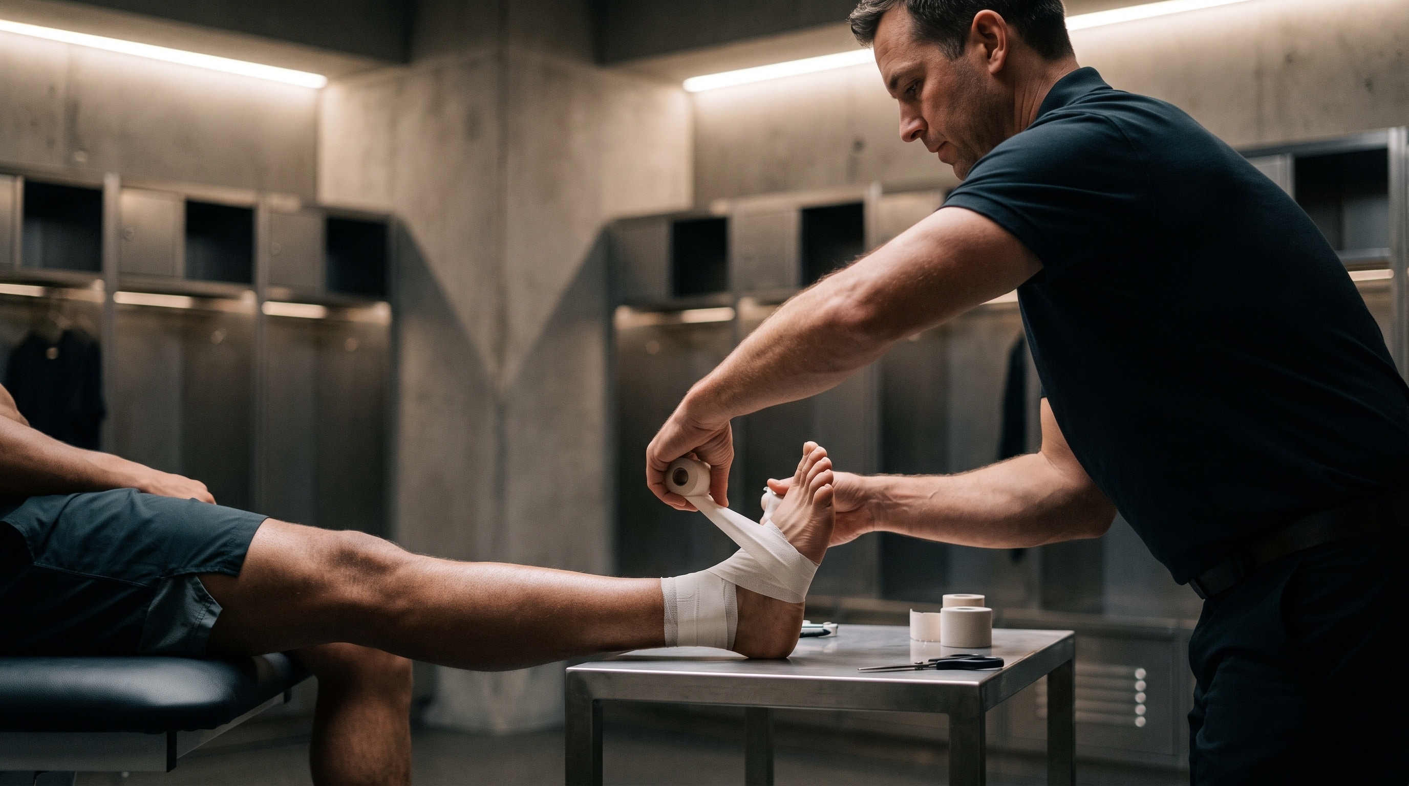 Athletic trainer wrapping an injured ankle with medical tape in a sports locker room